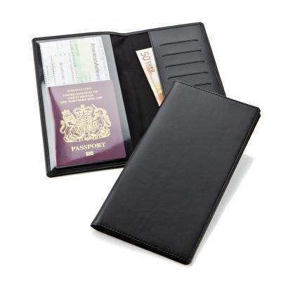 Travel Wallet with one clear pocket and one material pocket with card slots.